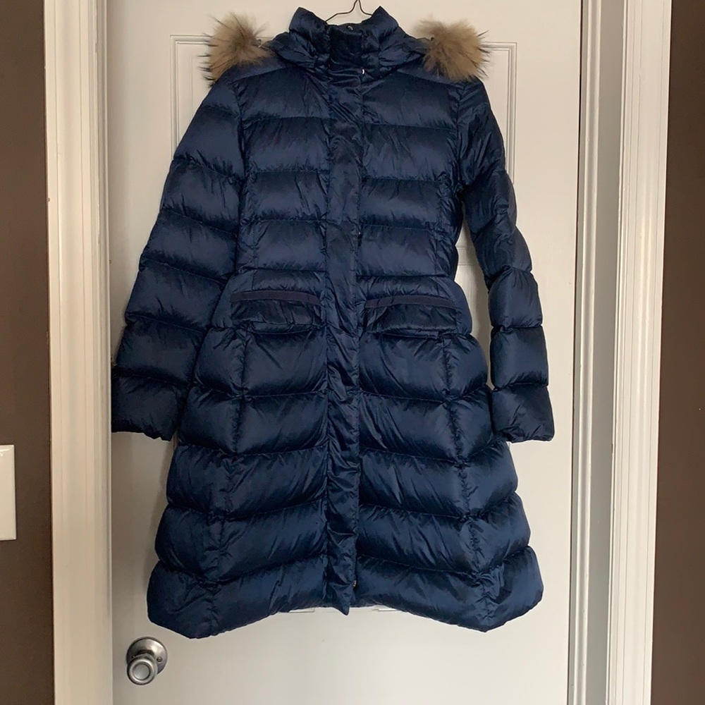 ADD DOWN Girls Long Coat Fur Trim Blue 14